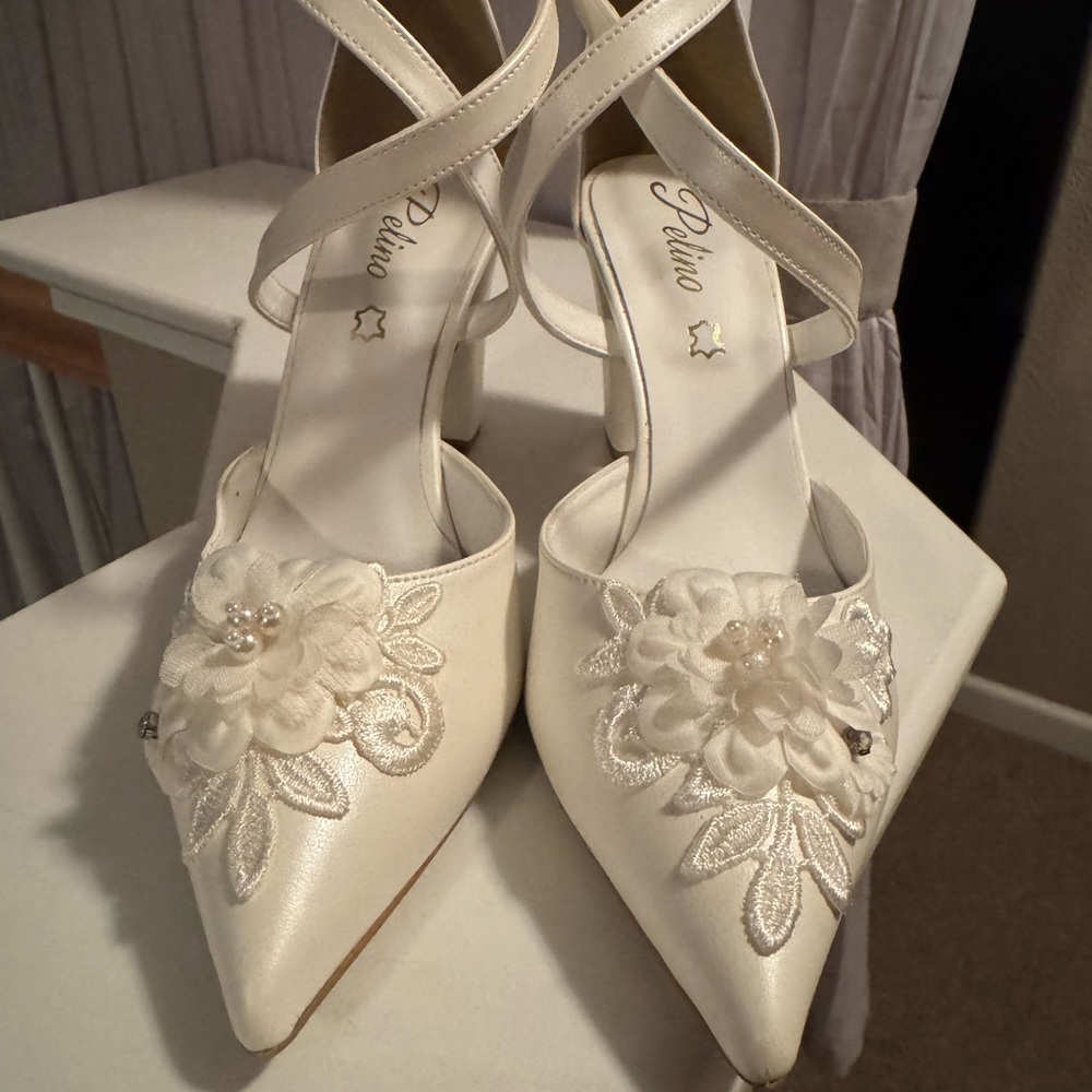 White Floral Embellished Heels with Ankle Straps